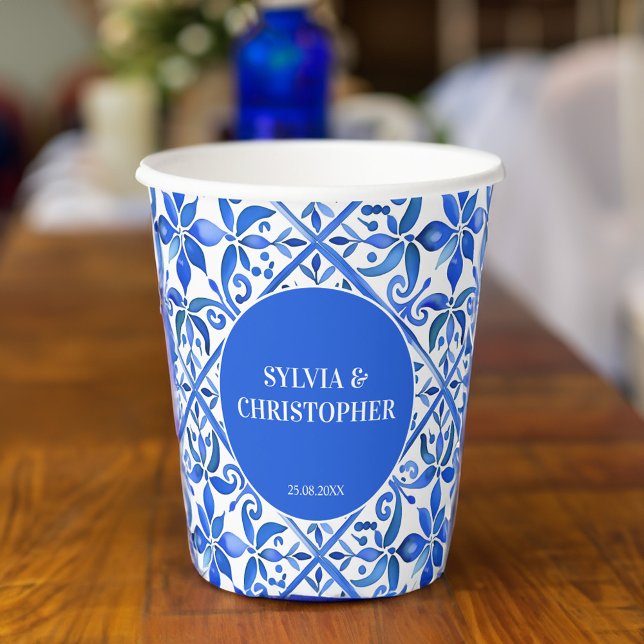 Blue Talavera Spanish tiles monogram wedding Paper Cups (Vintage Blue Talavera Spanish Mexican tiles wedding  monogram personalized printed Paper Cups)