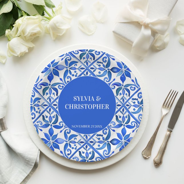 Blue Talavera Spanish tiles monogram wedding Paper Plates (Blue Talavera Spanish tiles vintage Mexican wedding monogram personalized printed Paper Plates)