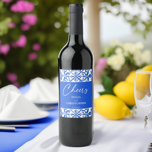 Blue Talavera Spanish tiles wedding favor Wine Label (Blue Talavera Azulejo Spanish tiles vintage Mexican wedding favors personalized Wine Label)