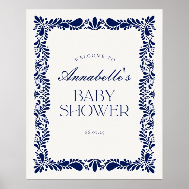 Blue Talavera Tile Fiesta Baby Shower Welcome Poster (Front)