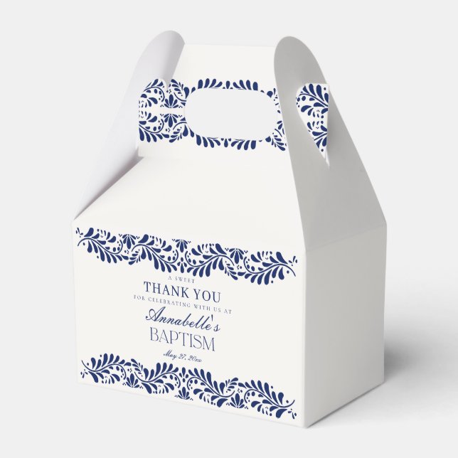 Blue Talavera Tile Fiesta Baptism Dessert Favor Boxes (Front Side)