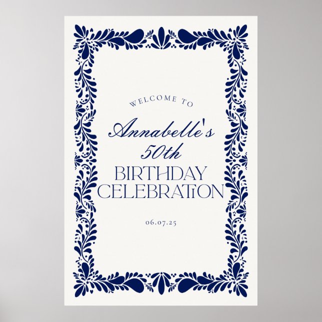 Blue Talavera Tile Fiesta Birthday Party Welcome Poster (Front)