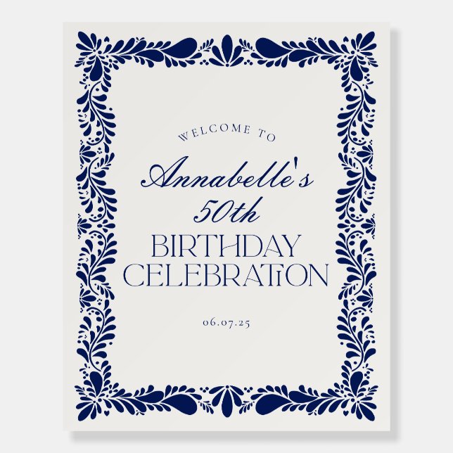 Blue Talavera Tile Fiesta Birthday Welcome Sign (Front)