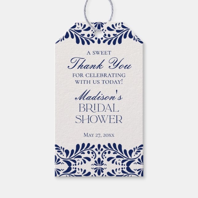 Blue Talavera Tile Fiesta Bridal Shower Favor Gift Tags (Front)