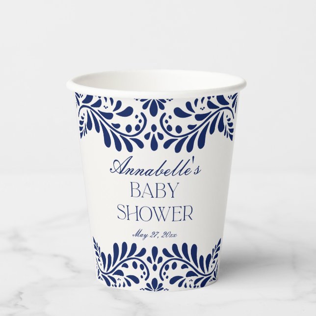 Blue Talavera Tile Spanish Fiesta Baby Shower Paper Cups (Front)