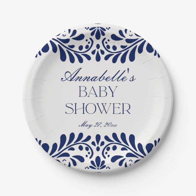 Blue Talavera Tile Spanish Fiesta Baby Shower Paper Plates (Front)