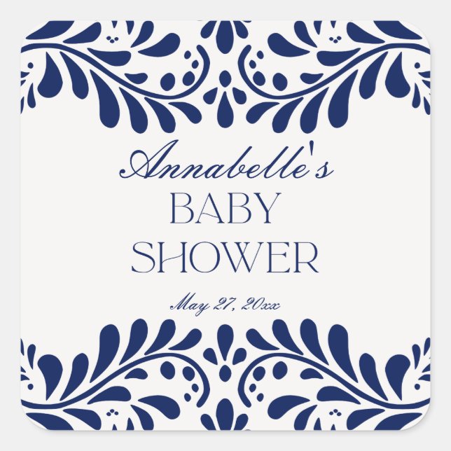 Blue Talavera Tile Spanish Fiesta Baby Shower Square Sticker (Front)