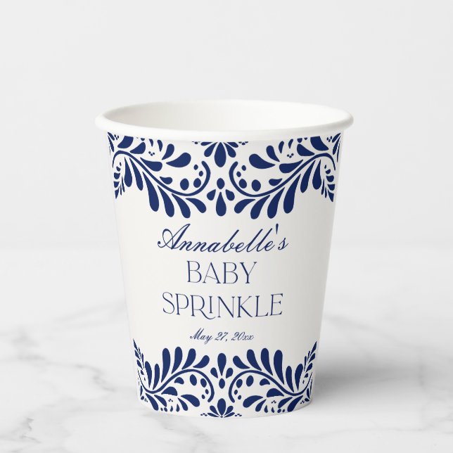 Blue Talavera Tile Spanish Fiesta Baby Sprinkle Paper Cups (Front)