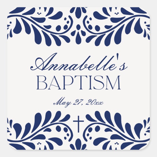 Blue Talavera Tile Spanish Fiesta Baptism Favor Square Sticker (Front)