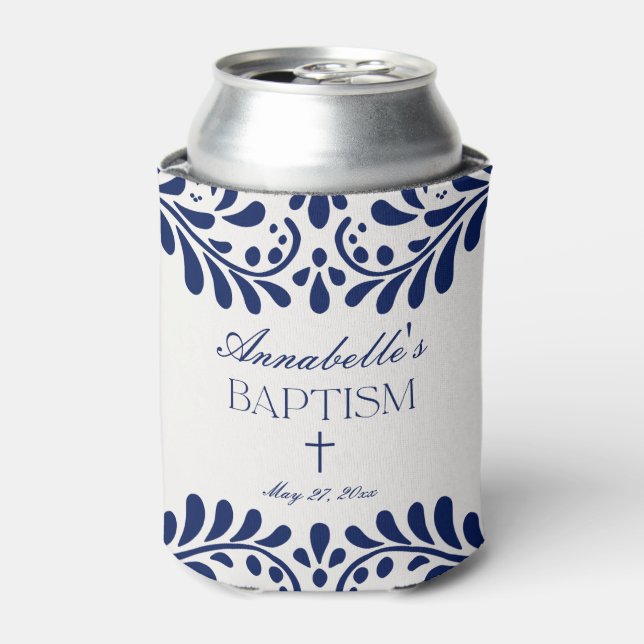 Blue Talavera Tile Spanish Fiesta Baptism Favors Can Cooler (Can Front)