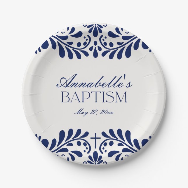 Blue Talavera Tile Spanish Fiesta Baptism Paper Plates (Front)