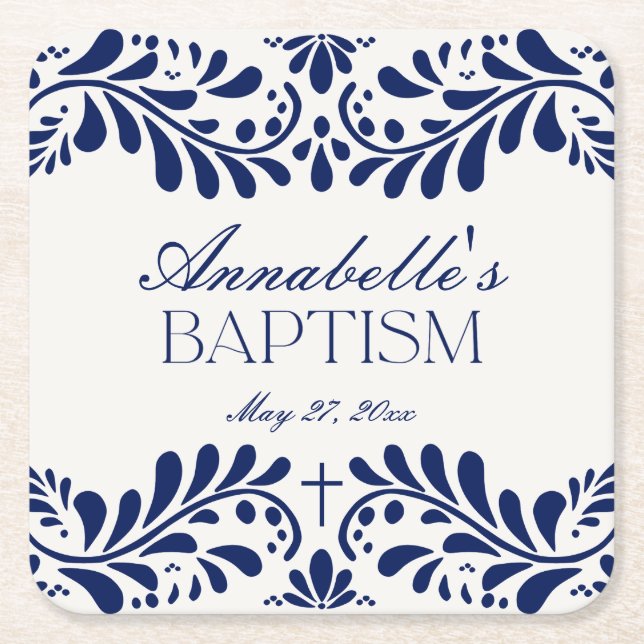 Blue Talavera Tile Spanish Fiesta Baptism Square Paper Coaster (Front)