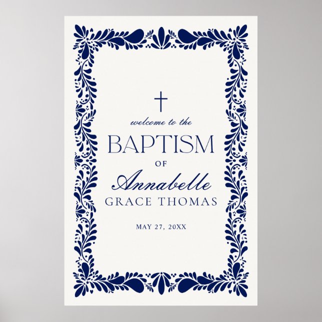 Blue Talavera Tile Spanish Fiesta Baptism Welcome Poster (Front)