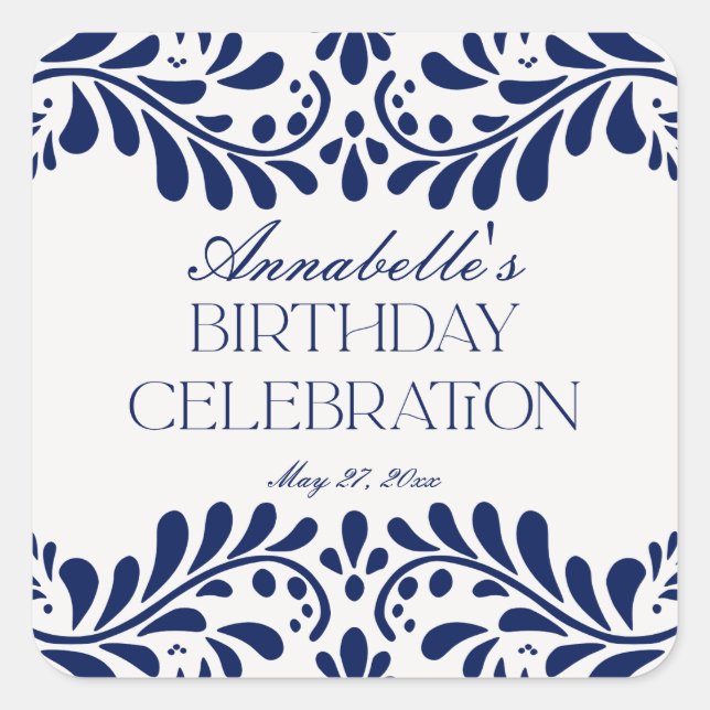 Blue Talavera Tile Spanish Fiesta Birthday Favor Square Sticker (Front)