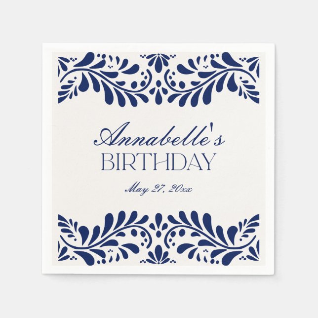 Blue Talavera Tile Spanish Fiesta Birthday Napkins (Front)