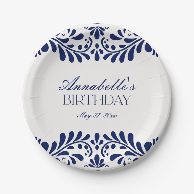 Blue Talavera Tile Spanish Fiesta Birthday Paper Plates (Front)