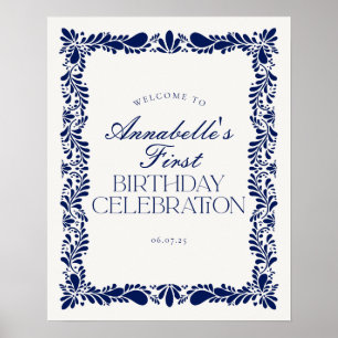 Blue Talavera Tile Spanish Fiesta Birthday Welcome Poster