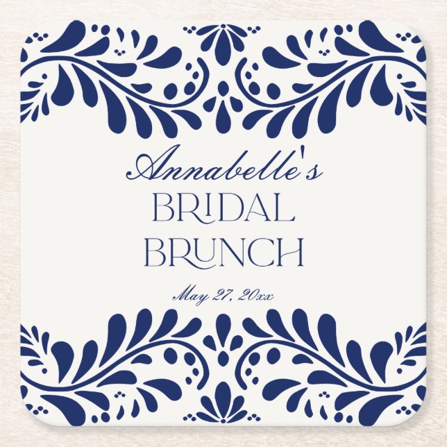 Blue Talavera Tile Spanish Fiesta Bridal Brunch Square Paper Coaster (Front)