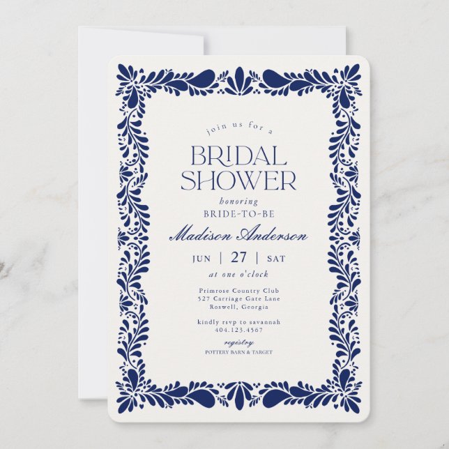 Blue Talavera Tile Spanish Fiesta Bridal Shower Invitation (Front)