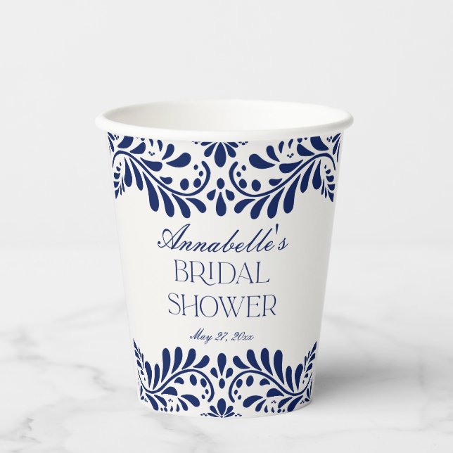 Blue Talavera Tile Spanish Fiesta Bridal Shower Paper Cups (Front)
