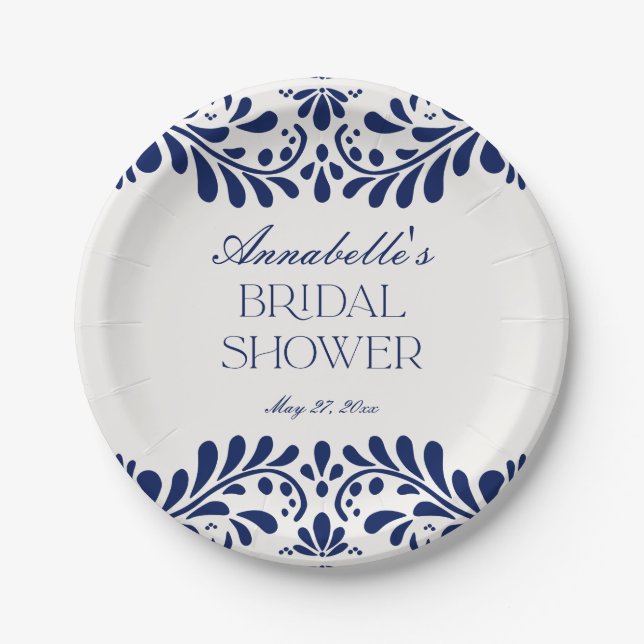 Blue Talavera Tile Spanish Fiesta Bridal Shower Paper Plates (Front)