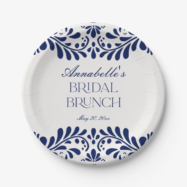 Blue Talavera Tile Spanish Fiesta Bridal Shower Paper Plates (Front)