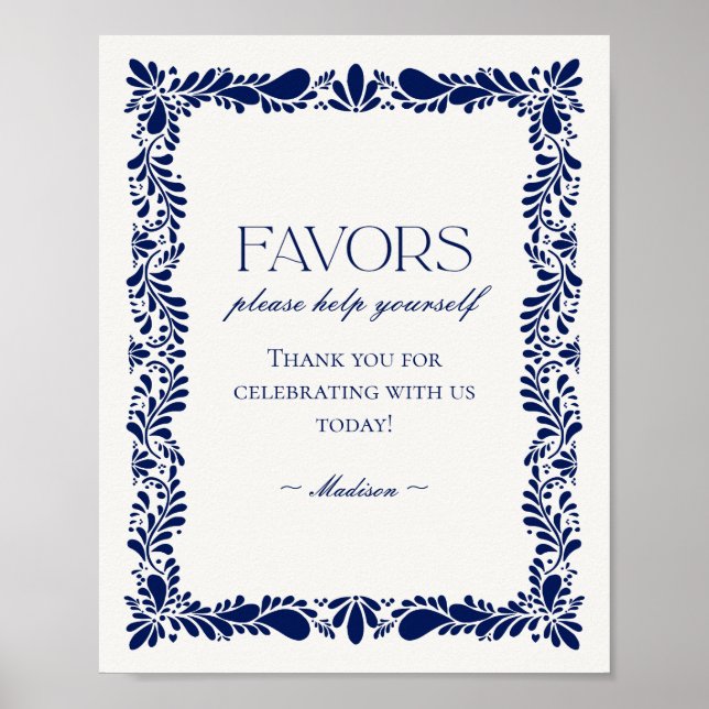 Blue Talavera Tile Spanish Fiesta Favors Sign (Front)