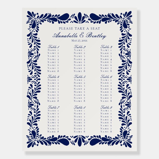 Blue Talavera Tile Spanish Fiesta Seating Chart Foam Board (Front)