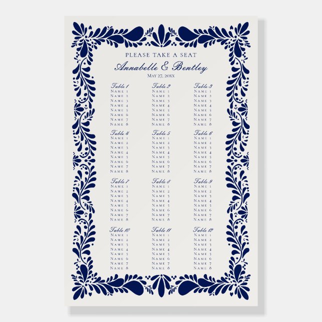 Blue Talavera Tile Spanish Fiesta Seating Chart Foam Board (Front)