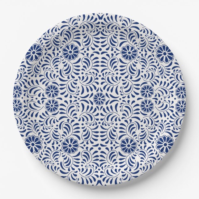 Blue Talavera Tile Spanish Style Fiesta Paper Plates (Front)
