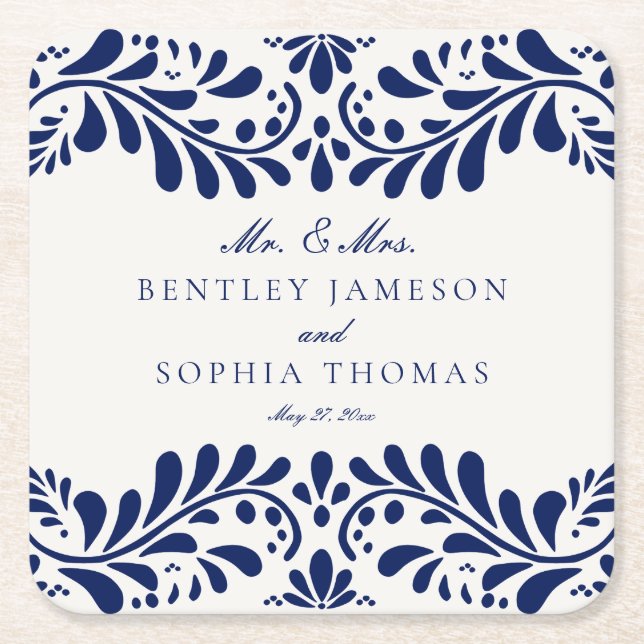 Blue Talavera Tile Spanish Style Fiesta Wedding Square Paper Coaster (Front)