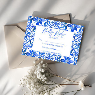 Blue Talavera tiles vintage Mexican wedding RSVP Card