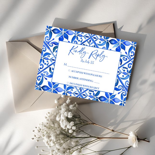 Blue Talavera tiles vintage Mexican wedding RSVP Card (Blue talavera vintage Mexican wedding rsvp card wedding invitation suite)