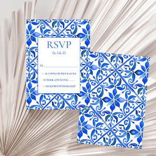 Blue Talavera tiles vintage Mexican wedding RSVP Card