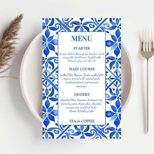 Blue Talavera Vintage Spanish tiles wedding menu