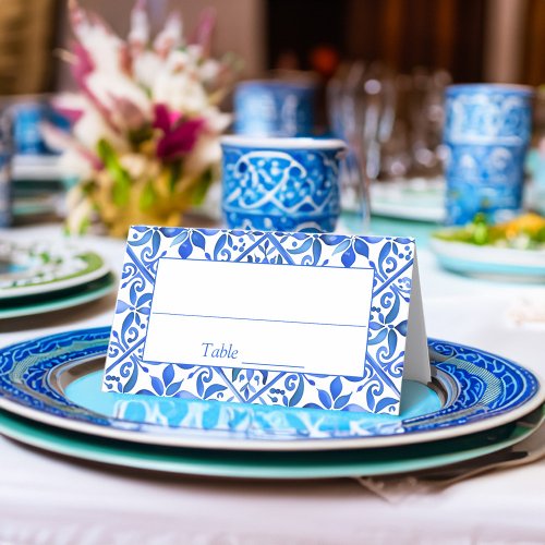 Blue Talavera Vintage Spanish tiles wedding Place Card