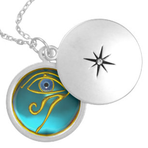 BLUE TALISMAN, GOLD HORUS EYE Aquamarine Locket Necklace