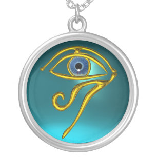 BLUE TALISMAN, GOLD HORUS EYE  Aquamarine Silver Plated Necklace