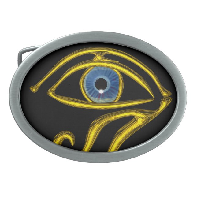 BLUE TALISMAN ,GOLD HORUS EYE Black Belt Buckle (Front)