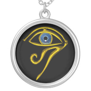BLUE TALISMAN ,GOLD HORUS EYE Black Silver Plated Necklace