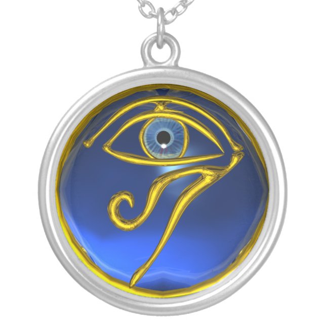 BLUE TALISMAN  GOLD HORUS EYE Sapphire Silver Plated Necklace (Front)