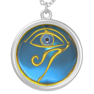 BLUE TALISMAN GOLD HORUS EYE Sapphire Silver Plated Necklace