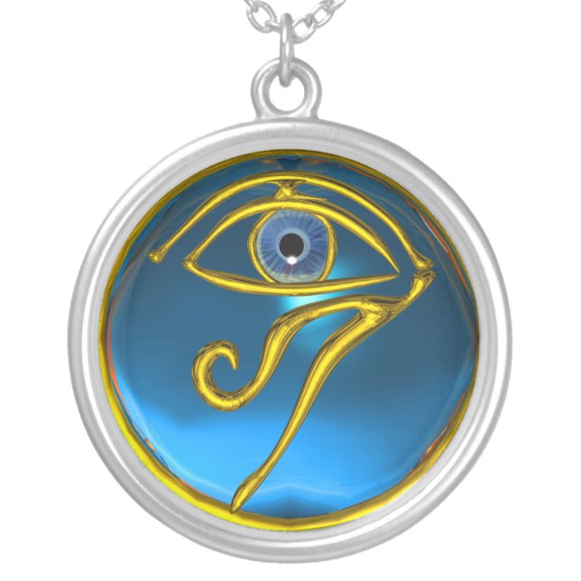 BLUE TALISMAN  GOLD HORUS EYE Sapphire Silver Plated Necklace (Front)