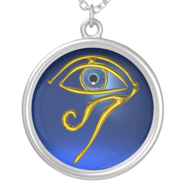 BLUE TALISMAN  GOLD HORUS EYE Sapphire Silver Plated Necklace (Front)