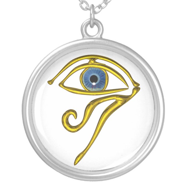BLUE TALISMAN, GOLD HORUS EYE  White Silver Plated Necklace (Front)