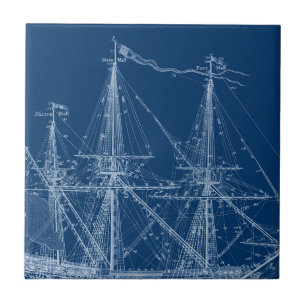 Blue Tall Sailing Ship Blueprint Ceramic Tile