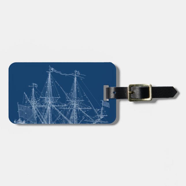 Blue Tall Sailing Ship Blueprint Luggage Tag (Front Horizontal)