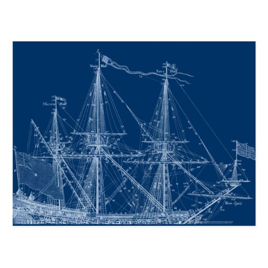 Blue Tall Sailing Ship Blueprint Postcard 