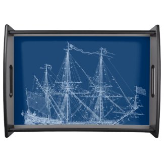 Blue Tall Sailing Ship Blueprint Serving Tray