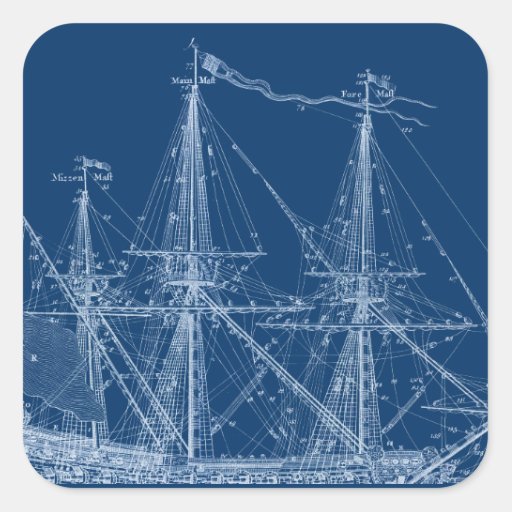 Blue Tall Sailing Ship Blueprint Square Sticker | Zazzle